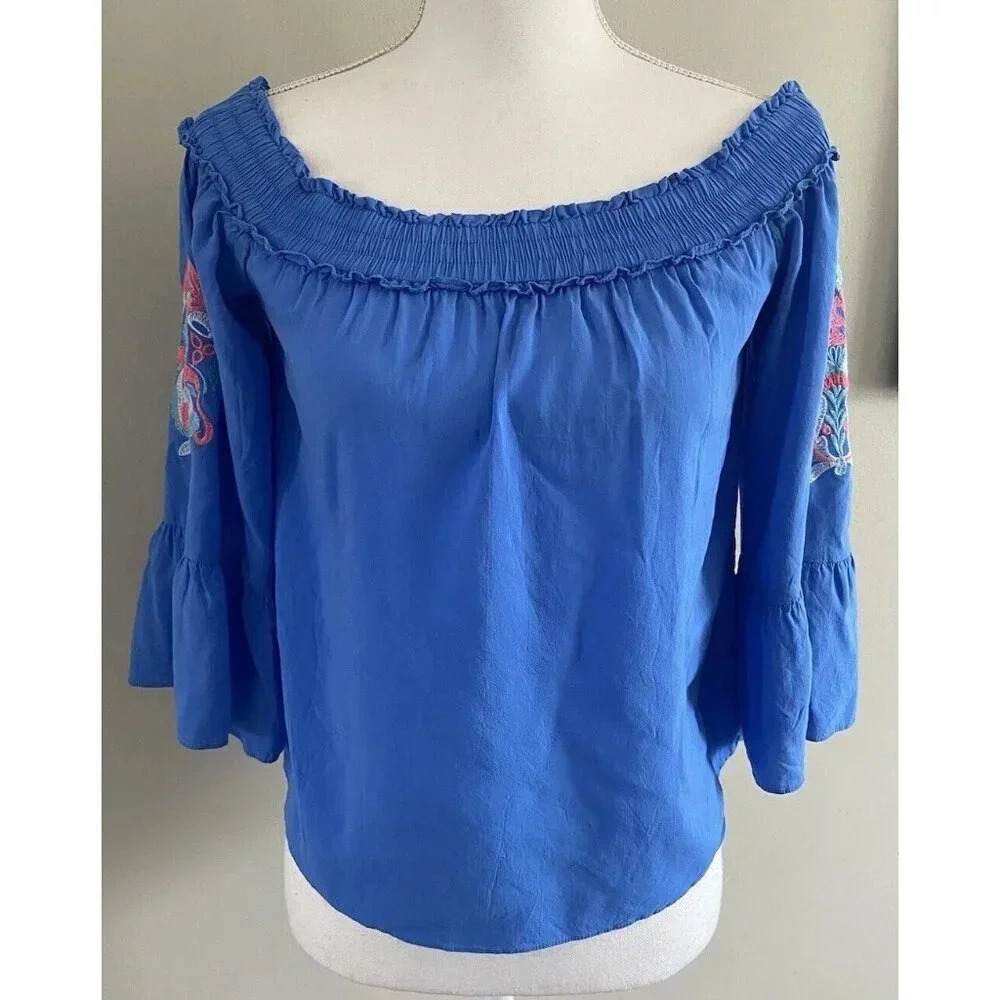 Lilly Pulitzer Moira Off The Shoulder Top Royal Blue Pink Embroidery XS